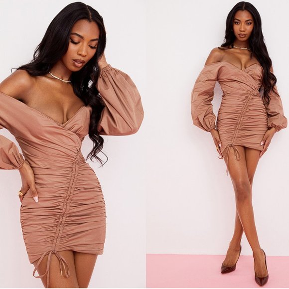 HOUSE OF CB 'Indra' Mocha Off The Shoulder Wrap Mini Dress NWOT - Picture 7 of 13